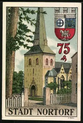 Notgeld Nortorf 1920, 75 Pfennig, Blick zur Kirche