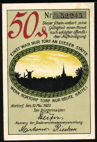 Notgeld Nortorf 1920, 50 Pfennig, Silhouette der Stadt mit Windmühle