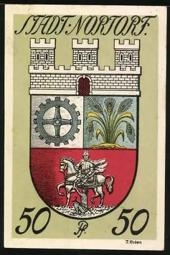 Notgeld Nortorf 1920, 50 Pfennig, Silhouette der Stadt mit Windmühle