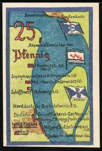 Notgeld Nordenham, 25 Pfennig, Karte der Industrie in der Umgebung