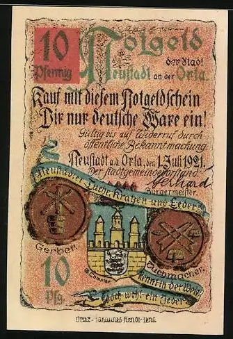 Notgeld Neustadt a. d. Orla 1921, 10 Pfennig, Das Rathaus