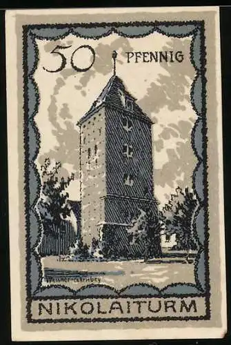 Notgeld Neustettin 1921, 50 Pfennig, Der Nikolaiturm
