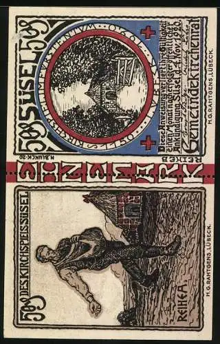 Notgeld Süsel 1920, 2 x 50 Pfennig, Kirche und ein Bauer bei der Aussaat
