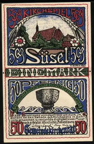 Notgeld Süsel 1920, 2 x 50 Pfennig, Bauer bei der Aussaat, Kirche