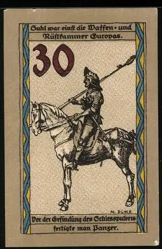Notgeld Suhl, 30 Pfennig, Berittener Kämpfer mit Lanze und gepanzerter Rüstung
