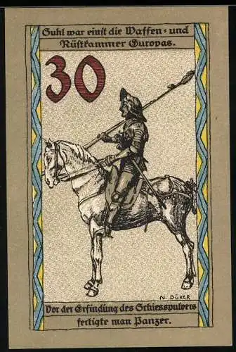 Notgeld Suhl, 30 Pfennig, Berittener Kämpfer mit Lanze und gepanzerter Rüstung