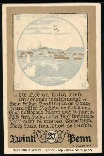 Notgeld Kellinghusen 1920, 20 Pfennig, Ortsansicht übers Wasser