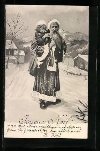 AK Weihnachtsmann mit Kind auf dem Rücken