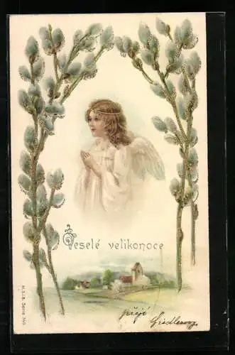 Künstler-AK Osterengel betend über der Stadt