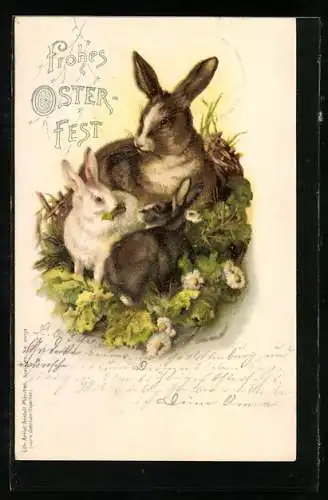Lithographie Osterhäsin mit ihren Jungen