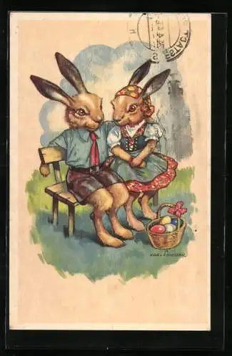 Künstler-AK Osterhasen Pärchen sitzt auf einer Bank im Park