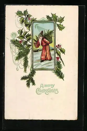 Künstler-AK Weihnachtsmann läuft mit Tannenbaum durch den Schnee bei Nacht