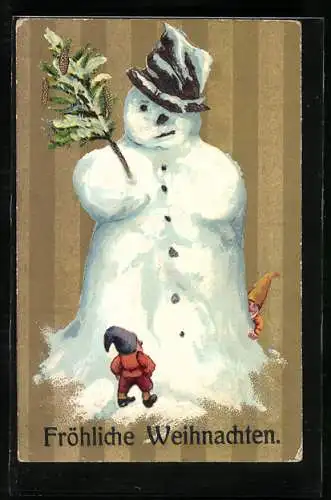 Präge-AK Zwerge verstecken sich hinter einem Schneemann