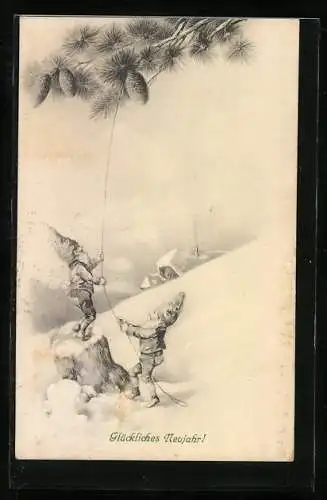 AK Zwerge sammeln Tannenzapfen von einem Baum