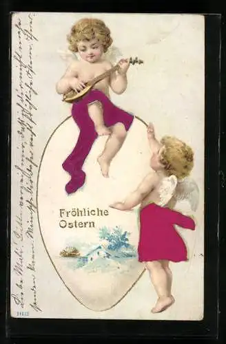Präge-AK Kleine Osterengel spielen Laute auf umgedrehtem Ei