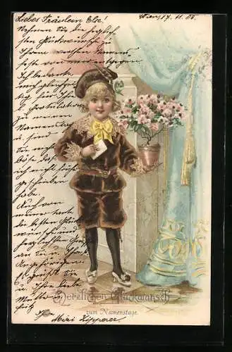 Künstler-AK Kind mit Brief und Blume zum Namenstag
