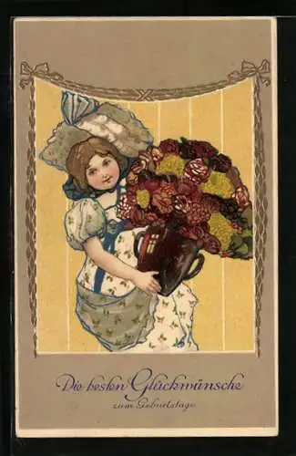 AK Junge Frau mit Blumenstrauss zum Namenstag
