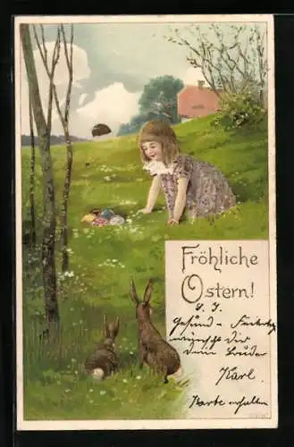 AK Osterhasen beobachten Mädchen bei Eiersuche