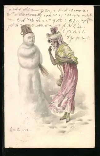 Künstler-AK M. Munk: junge Frau steht vor einem Schneemann
