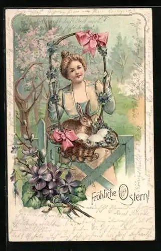 Künstler-AK Dame mit Osterkorb, Osterhase, Ostergruss