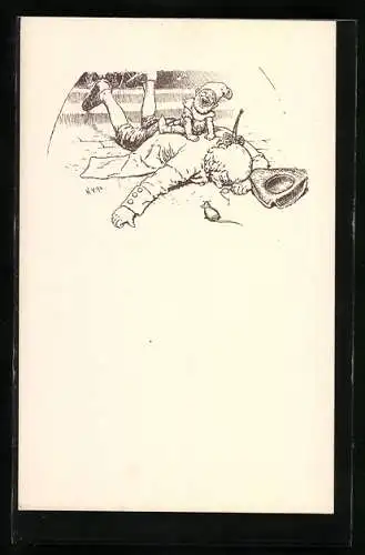 Künstler-AK sign. Hermann Vogel: Zwerg sitzt auf einem liegenden Herrn