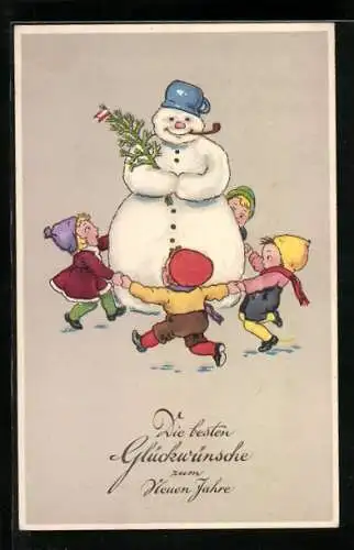 AK Herzlichen Neujahrsgruss!, Kinder tanzen um einen dicken Schneemann herum