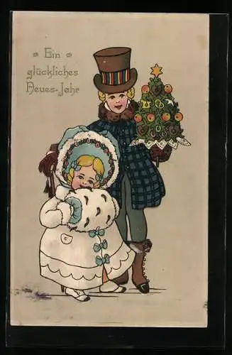 AK Ein glückliches Neues Jahr, Vater und Tochter mit Tannenstrauss