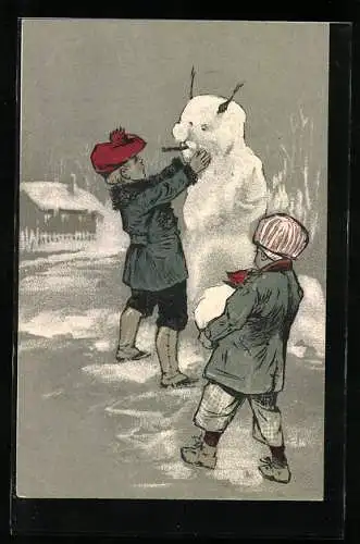 AK Kinder spielen mit Schneemann