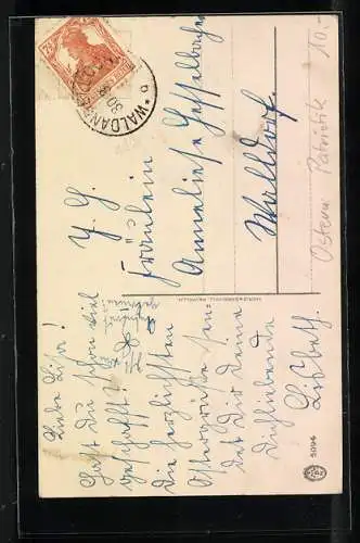 Künstler-AK Osterhase frisst Löwenzahn mit Osterei in den Farben vom Deutschen Reich