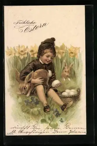 Präge-AK Kind entnimmt dem Osterhasen die Eier