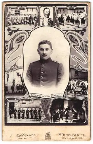 Fotografie Jean Mehlbreuer, Mülhausen i. Els., Soldat in Uniform Rgt. 112, Passepartout Kaiser Wilhelm II. Soldatenleben