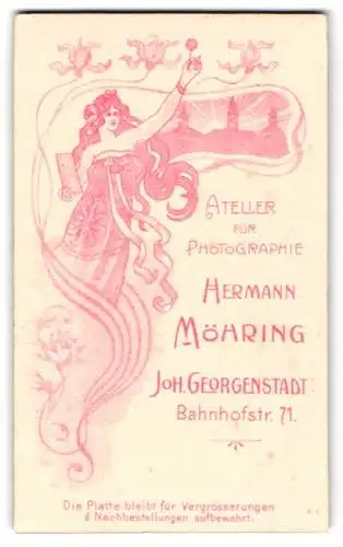 Fotografie Hermann Möhring, Johanngeorgenstadt, Bahnhofstr. 71, Jugendstil, Dame nebst Ornamenten & Stadtsilhouette