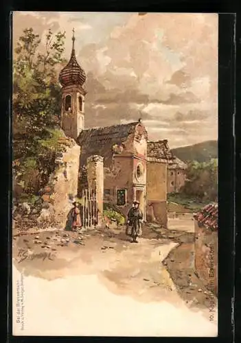 Künstler-AK P. Schmohl: Eisackthal, Strassenpartie an einer Kapelle
