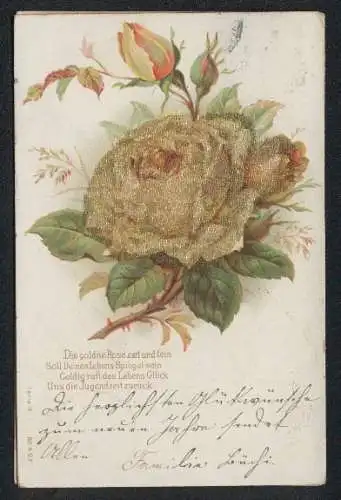 Glitzer-Perl-AK Eine gelbliche Rosenblüte mit Glitzer-Perlen