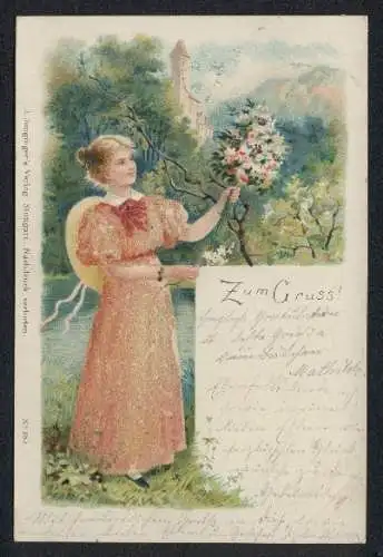 Glitzer-Perl-AK Junger Frau im orangenen Sommerkleid mit Glitzer-Perlen beim Blumenpflücken