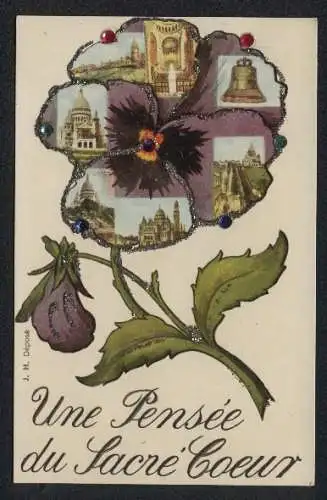 AK Paris, Sacré-Coeur de Montmartre, in einer Blüte mit Glitzersteinen