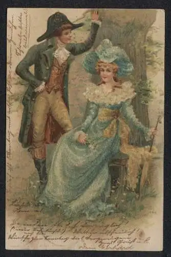 Glitzer-Perl-AK Edel gekleidetes junges Paar, ihr Kleid mit Glitzer-Perlen