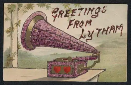 AK Grammophon als Blumenbild, mit Glitzer, Grusskarte aus Lytham