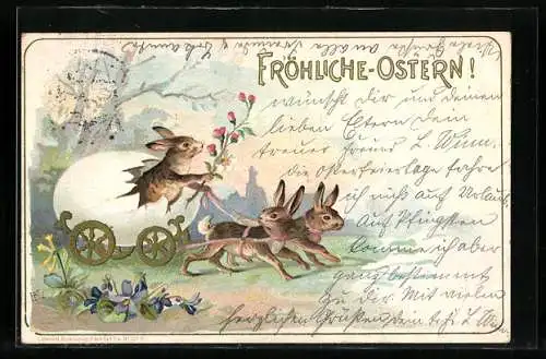 Künstler-AK Osterhasen ziehen eine Eierkutsche