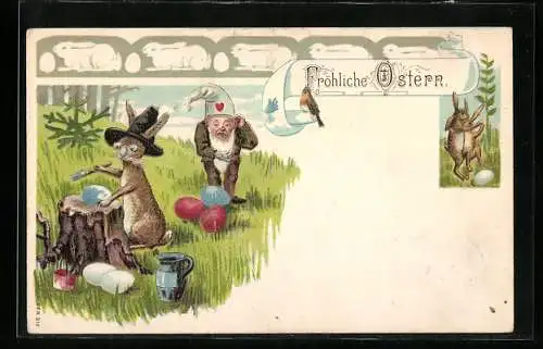 Lithographie Zwerg mit Herzmütze holt die bemalten Eier vom Osterhasen