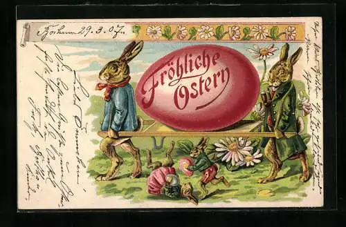 Künstler-AK Osterhasen transportieren ein grosses buntes Ei