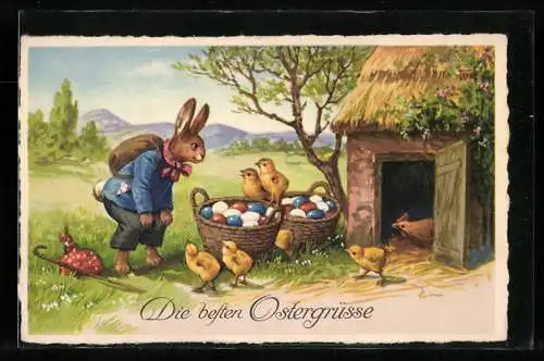 Künstler-AK Osterhase und Küken bestaunen die bunten Eier
