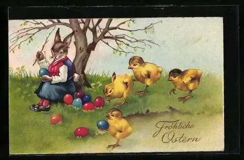 AK Osterhase bemalt die Ostereier und wird von den Osterküken neugierig beäugt, Fröhliche Ostern!