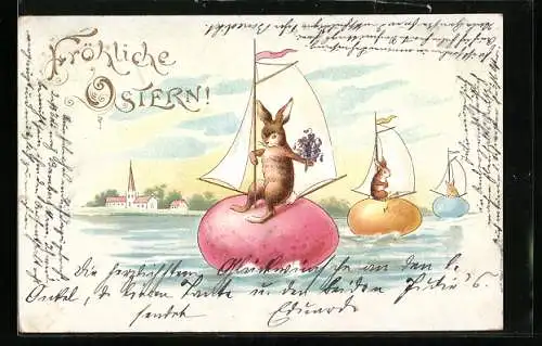 AK Fröhliche Ostern, die Osterhasen fahren mit den Segelostereiern auf dem See