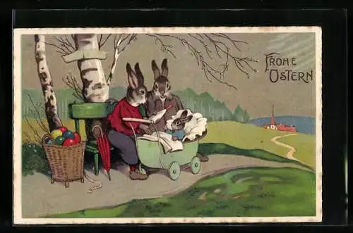 AK Familie Osterhase mit Kinderwagen auf einer Bank