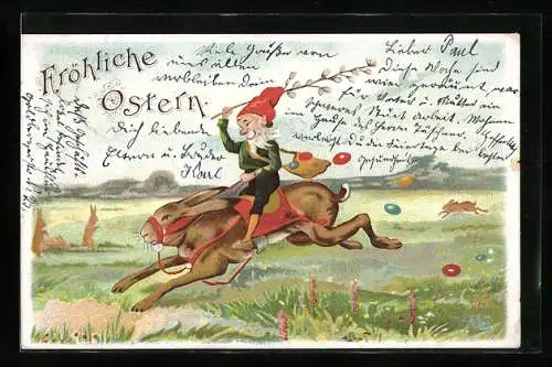 AK Zwerg reitet auf dem Osterhasen, Ostergruss
