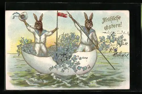 Präge-AK Osterhasen rudern im Ei über das Wasser