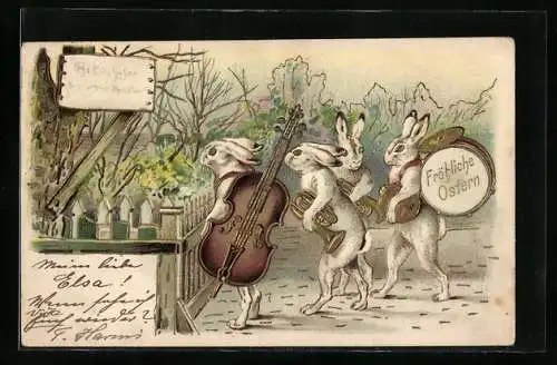 AK musizierende Osterhasen am Gartenzaun, Fröhliche Ostern