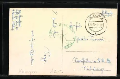 AK Krampus hält eine Rute in der Hand