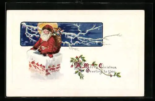 AK Merry Christmas Greetings to You, Weihnachtsmann mit Geschenksack auf dem Schornstein
